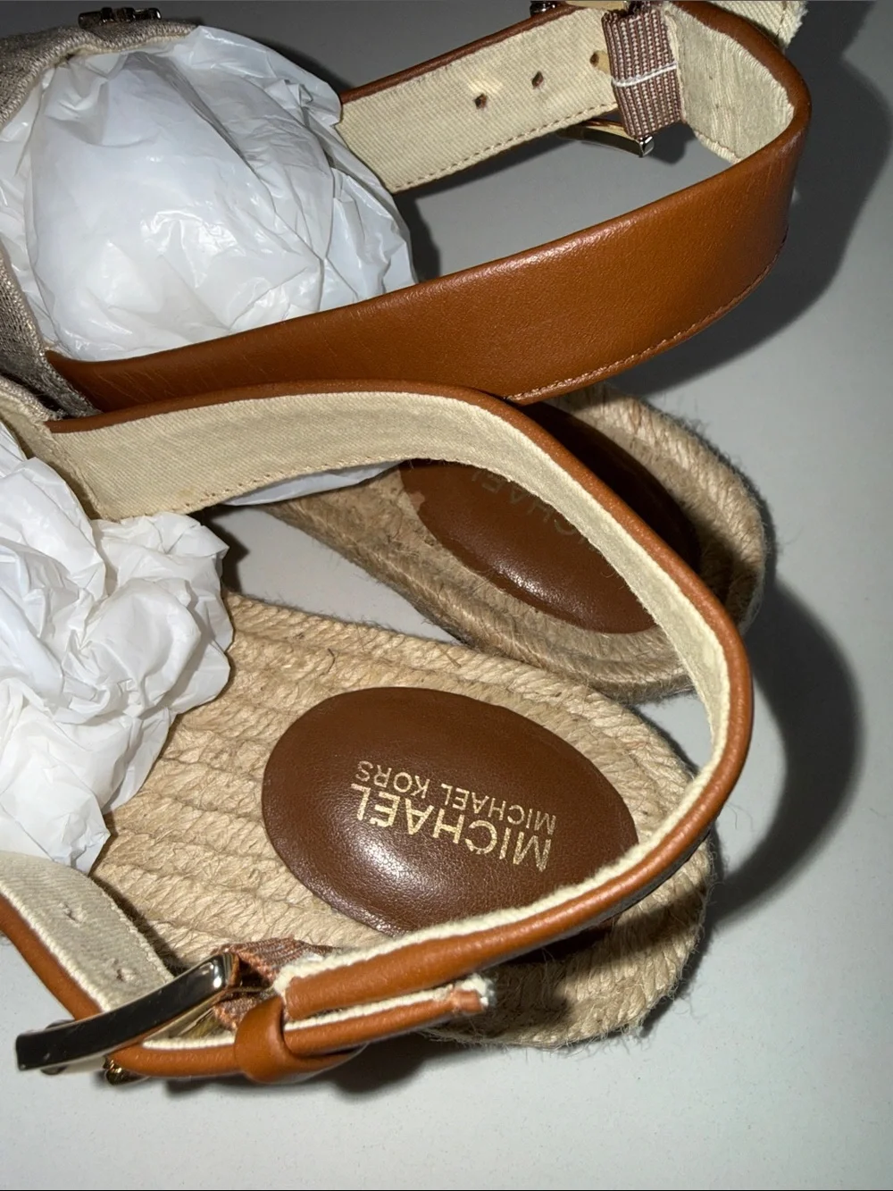 MICHAEL Michael Kors Fisher Metallic Gold Linen Espadrille Sandals | Size 6.5